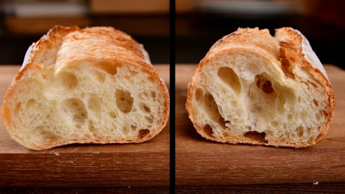 美しく焼き上がったオーバーナイト法のバゲット断面