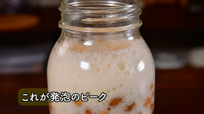 レーズン酵母の蓋を開けると泡が瓶の上部まで溢れる瞬間
