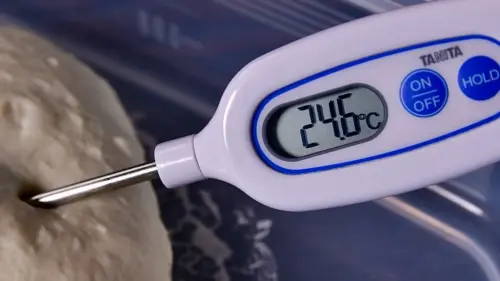 パン生地の捏ね上げ温度をデジタル温度計で計測している様子