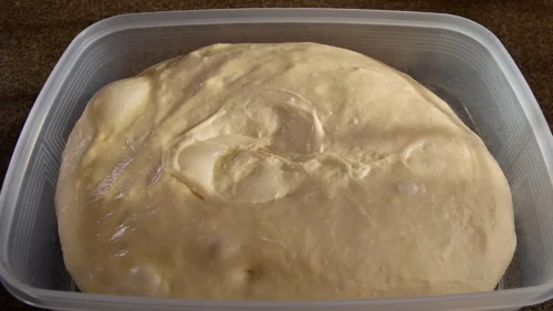 冷蔵庫で過発酵してドロドロになったバゲット生地の状態